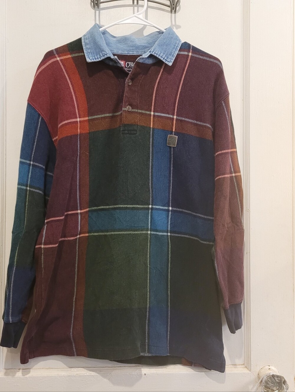 Vintage Mens Size Medium Chaps Ralph Lauren Rugby Shirt Denim Collar Fall Colors